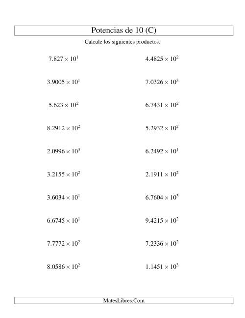 La hoja de ejercicios de Multiplicar Decimales por Potencias Positivas de 10 (Exponencial) (C)