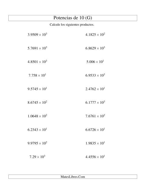 La hoja de ejercicios de Multiplicar Decimales por Potencias Positivas de 10 (Exponencial) (G)