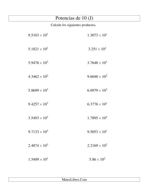 La hoja de ejercicios de Multiplicar Decimales por Potencias Positivas de 10 (Exponencial) (J)