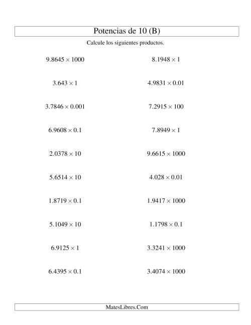 La hoja de ejercicios de Multiplicar Decimales por Potencias Positivas y Negativas de 10 (Estándar) (B)