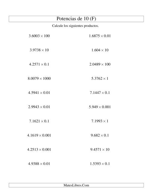 La hoja de ejercicios de Multiplicar Decimales por Potencias Positivas y Negativas de 10 (Estándar) (F)