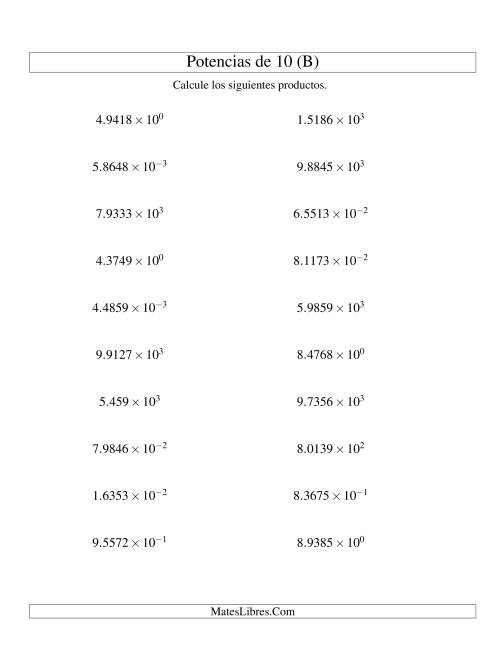 La hoja de ejercicios de Multiplicar Decimales por Potencias Positivas y Negativas de 10 (Exponencial) (B)