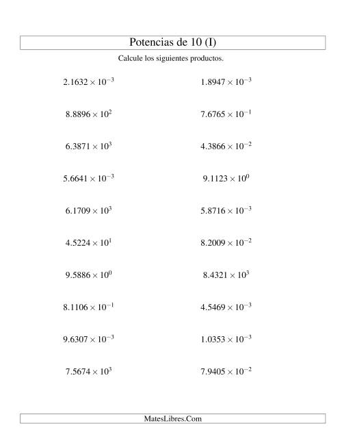 La hoja de ejercicios de Multiplicar Decimales por Potencias Positivas y Negativas de 10 (Exponencial) (I)