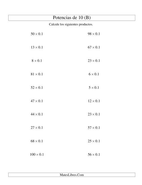 La hoja de ejercicios de Multiplicar Enteros por Potencias Negativas de 10 (Estándar) (B)