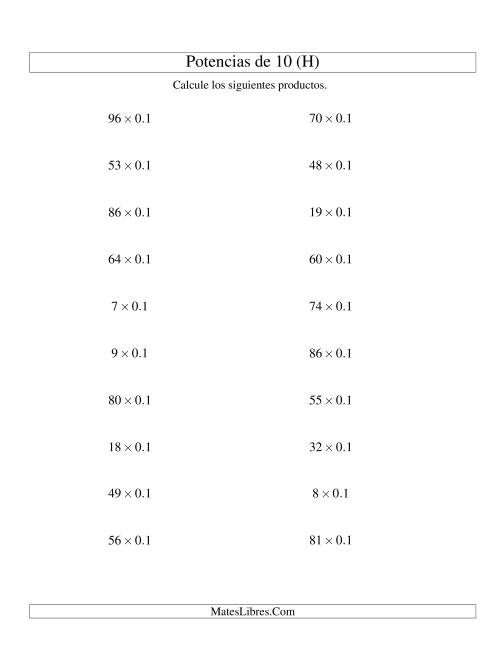 La hoja de ejercicios de Multiplicar Enteros por Potencias Negativas de 10 (Estándar) (H)