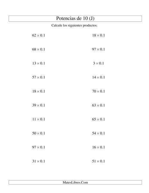 La hoja de ejercicios de Multiplicar Enteros por Potencias Negativas de 10 (Estándar) (J)