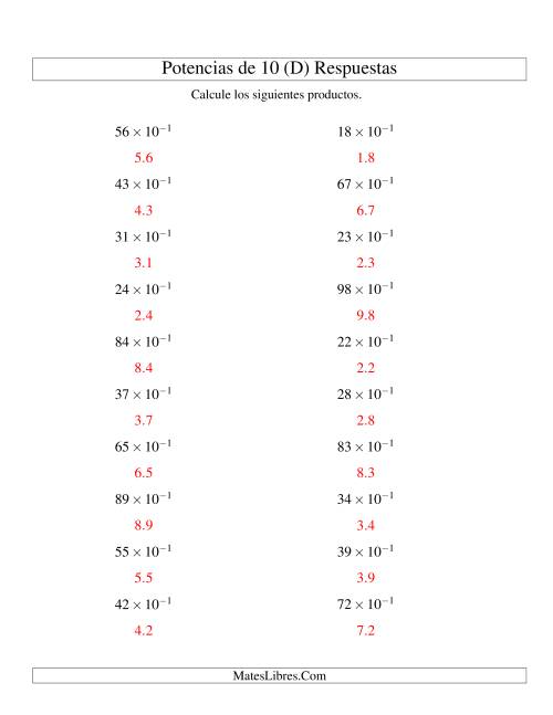La hoja de ejercicios de Multiplicar Enteros por Potencias Negativas de 10 (Exponencial) (D) Página 2
