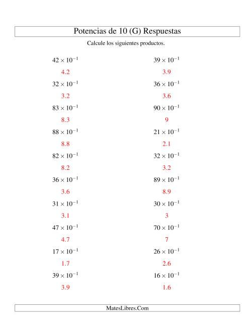 La hoja de ejercicios de Multiplicar Enteros por Potencias Negativas de 10 (Exponencial) (G) Página 2