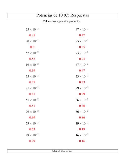 La hoja de ejercicios de Multiplicar Enteros por Potencias Negativas de 10 (Exponencial) (C) Página 2