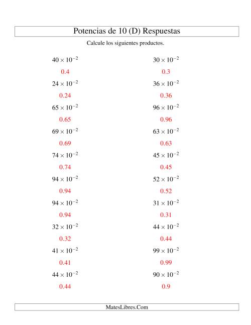 La hoja de ejercicios de Multiplicar Enteros por Potencias Negativas de 10 (Exponencial) (D) Página 2