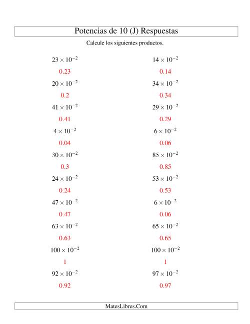 La hoja de ejercicios de Multiplicar Enteros por Potencias Negativas de 10 (Exponencial) (J) Página 2