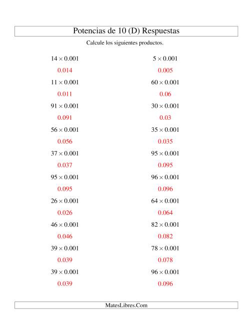 La hoja de ejercicios de Multiplicar Enteros por Potencias Negativas de 10 (Estándar) (D) Página 2