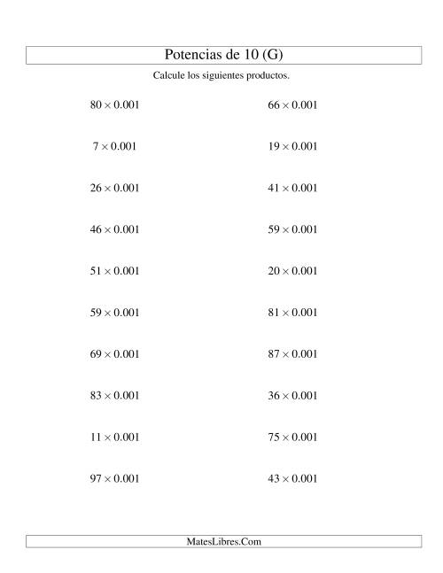 La hoja de ejercicios de Multiplicar Enteros por Potencias Negativas de 10 (Estándar) (G)