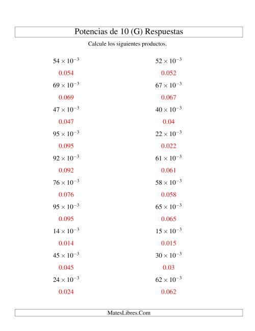 La hoja de ejercicios de Multiplicar Enteros por Potencias Negativas de 10 (Exponencial) (G) Página 2