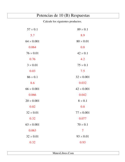 La hoja de ejercicios de Multiplicar Enteros por Potencias Negativas de 10 (Estándar) (B) Página 2