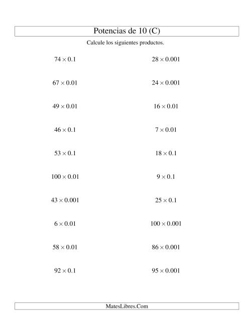 La hoja de ejercicios de Multiplicar Enteros por Potencias Negativas de 10 (Estándar) (C)