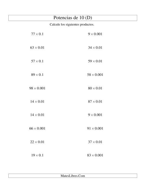 La hoja de ejercicios de Multiplicar Enteros por Potencias Negativas de 10 (Estándar) (D)