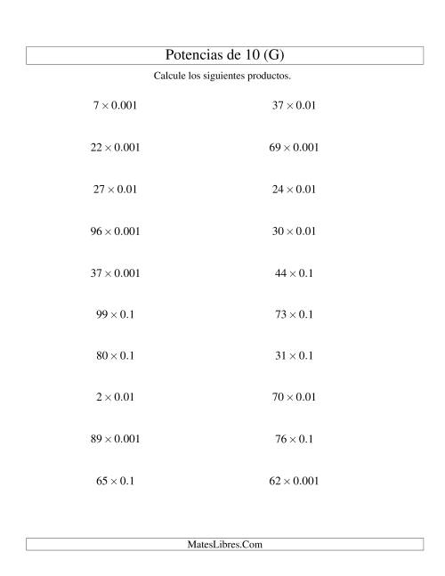 La hoja de ejercicios de Multiplicar Enteros por Potencias Negativas de 10 (Estándar) (G)