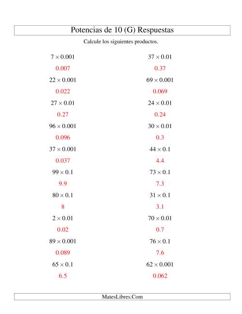 La hoja de ejercicios de Multiplicar Enteros por Potencias Negativas de 10 (Estándar) (G) Página 2