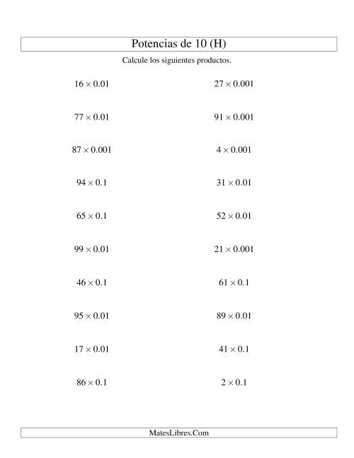 La hoja de ejercicios de Multiplicar Enteros por Potencias Negativas de 10 (Estándar) (H)