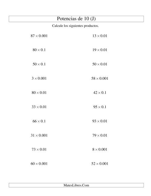 La hoja de ejercicios de Multiplicar Enteros por Potencias Negativas de 10 (Estándar) (J)