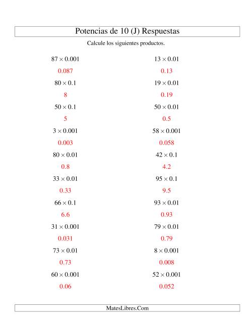 La hoja de ejercicios de Multiplicar Enteros por Potencias Negativas de 10 (Estándar) (J) Página 2