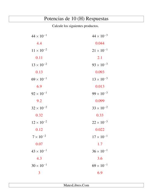 La hoja de ejercicios de Multiplicar Enteros por Potencias Negativas de 10 (Exponencial) (H) Página 2