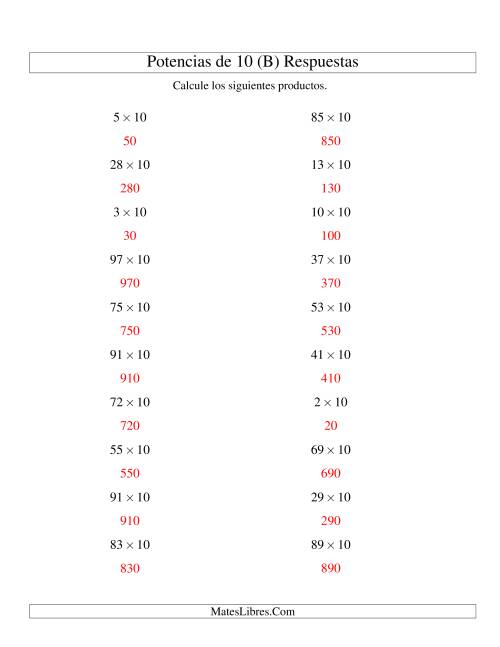 La hoja de ejercicios de Multiplicar Enteros por Potencias Positivas de 10 (Estándar) (B) Página 2