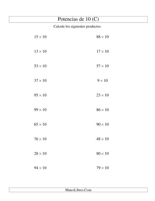La hoja de ejercicios de Multiplicar Enteros por Potencias Positivas de 10 (Estándar) (C)