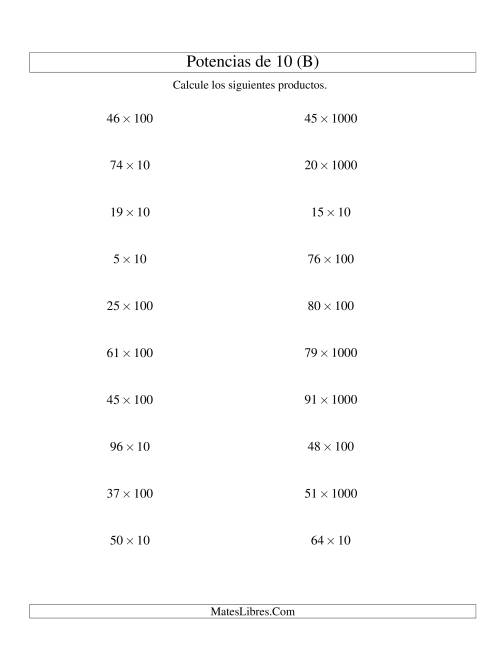 La hoja de ejercicios de Multiplicar Enteros por Potencias Positivas de 10 (Estándar) (B)