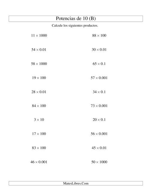 La hoja de ejercicios de Multiplicar Enteros por Potencias Positivas y Negativas de 10 (Estándar) (B)