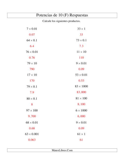La hoja de ejercicios de Multiplicar Enteros por Potencias Positivas y Negativas de 10 (Estándar) (F) Página 2