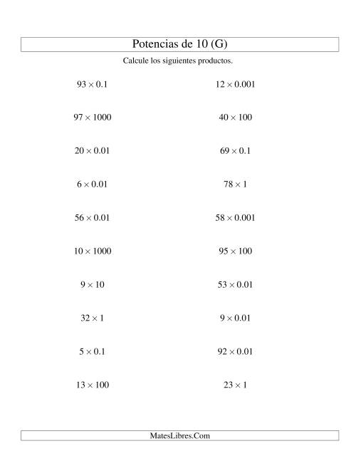 La hoja de ejercicios de Multiplicar Enteros por Potencias Positivas y Negativas de 10 (Estándar) (G)