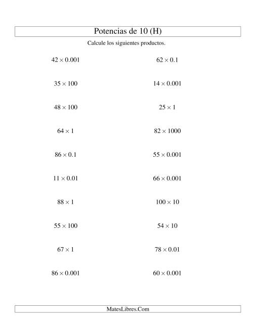 La hoja de ejercicios de Multiplicar Enteros por Potencias Positivas y Negativas de 10 (Estándar) (H)