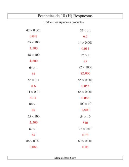 La hoja de ejercicios de Multiplicar Enteros por Potencias Positivas y Negativas de 10 (Estándar) (H) Página 2