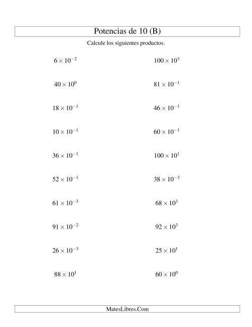 La hoja de ejercicios de Multiplicar Enteros por Potencias Positivas y Negativas de 10 (Exponencial) (B)