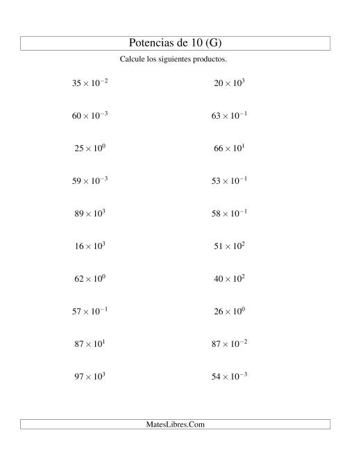 La hoja de ejercicios de Multiplicar Enteros por Potencias Positivas y Negativas de 10 (Exponencial) (G)