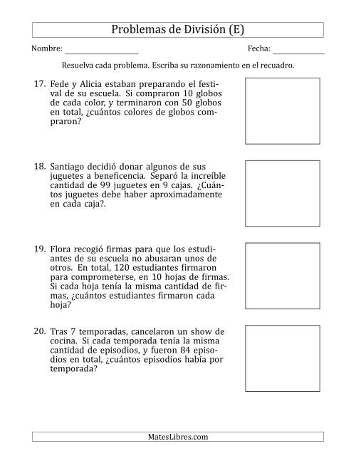 La hoja de ejercicios de Problemas de División con Números entre 5 y 12 (E)