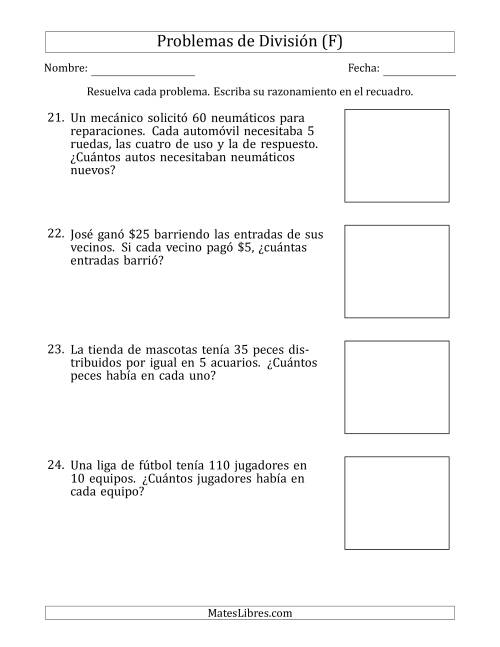 La hoja de ejercicios de Problemas de División con Números entre 5 y 12 (F)