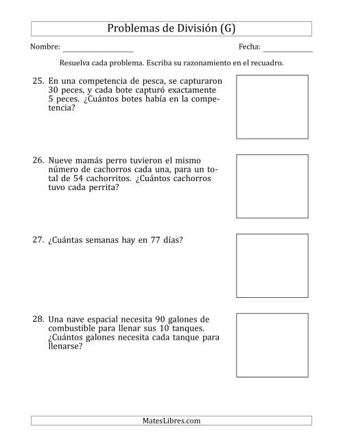 La hoja de ejercicios de Problemas de División con Números entre 5 y 12 (G)
