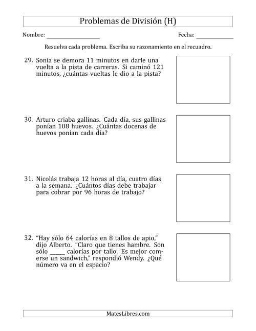La hoja de ejercicios de Problemas de División con Números entre 5 y 12 (H)
