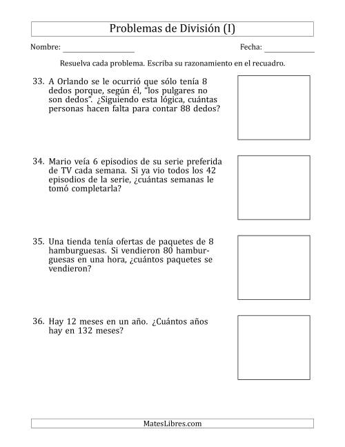 La hoja de ejercicios de Problemas de División con Números entre 5 y 12 (I)