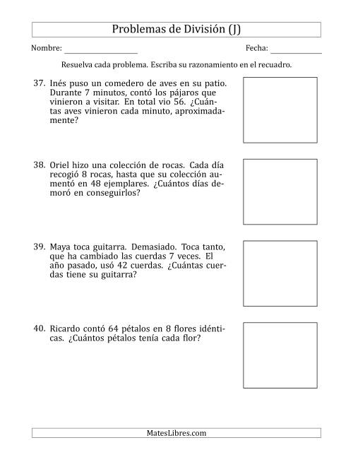 La hoja de ejercicios de Problemas de División con Números entre 5 y 12 (J)