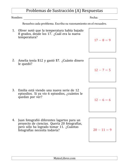 La hoja de ejercicios de Problemas de Sustracción con Números entre el 5 y el 12 (A) Página 2