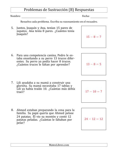 La hoja de ejercicios de Problemas de Sustracción con Números entre el 5 y el 12 (B) Página 2
