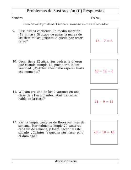 La hoja de ejercicios de Problemas de Sustracción con Números entre el 5 y el 12 (C) Página 2