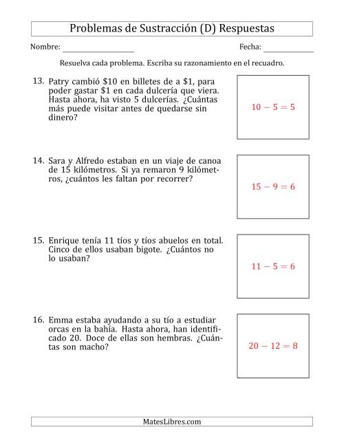 La hoja de ejercicios de Problemas de Sustracción con Números entre el 5 y el 12 (D) Página 2