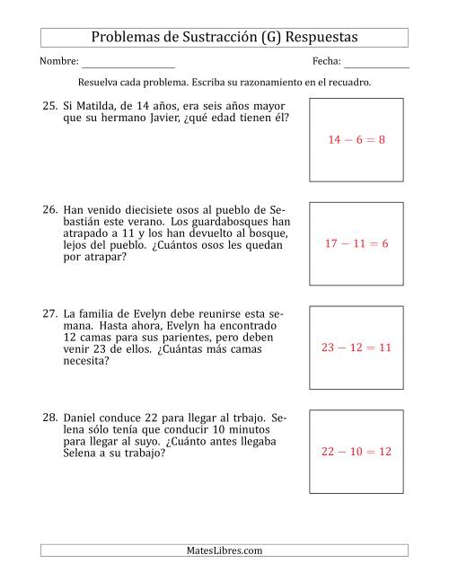 La hoja de ejercicios de Problemas de Sustracción con Números entre el 5 y el 12 (G) Página 2