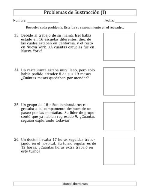 La hoja de ejercicios de Problemas de Sustracción con Números entre el 5 y el 12 (I)