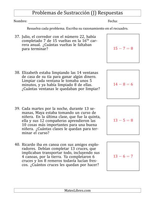 La hoja de ejercicios de Problemas de Sustracción con Números entre el 5 y el 12 (J) Página 2